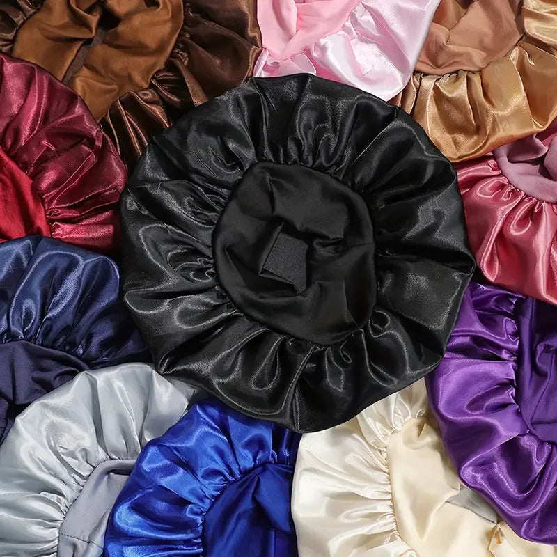 Satin Wide-Brim Shower & Sleep Cap for Women - Solid Color Silk Bonnet for Daily Hair Care
