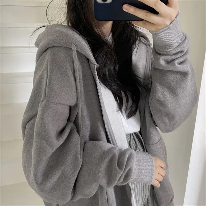 Korean Fashion Zipper Hood Sweatshirt Women Autumn Long Sleeve Tops Casual Y2K Hoodies Streetwear Harajuku Loose Jackets Coat