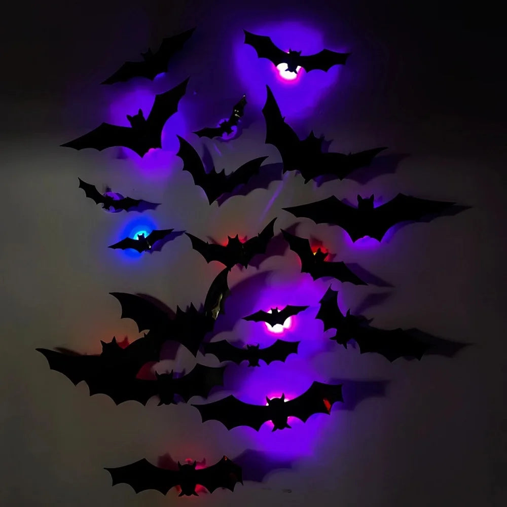 3D LED Bat Wall Decal Night Lights – 12 or 24pc Stereoscopic Bat Stickers for Halloween Party & Festival Decoration