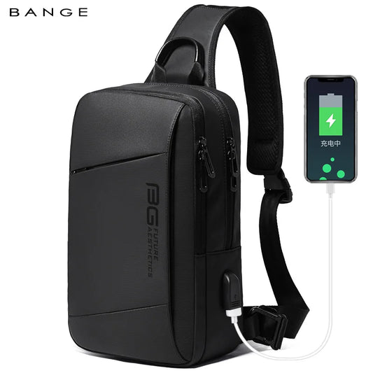 Men’s Oxford Sling Chest Bag with USB Port – Moto Crossbody Shoulder Bag