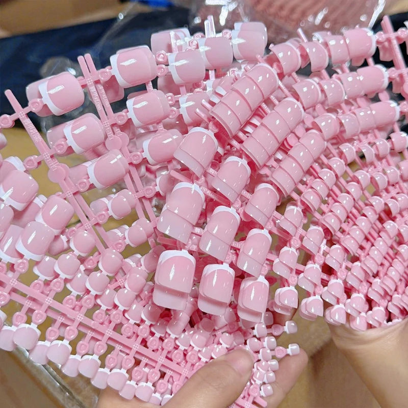 Press-On Toenails – 120pcs Short Square French Pink Soft Gel False Toe Nail Tips