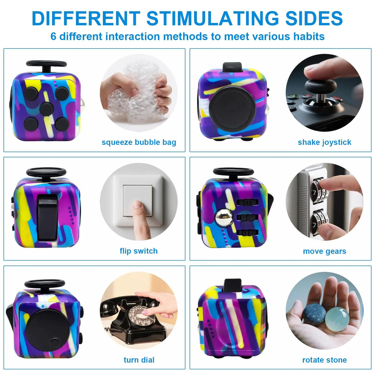 6-in-1 Fidget Cube Antistress Toy 3.4cm 40g - Hand Spinner Decompression Tool for ADHD Autism Anxiety Stress Relief Kids Adul