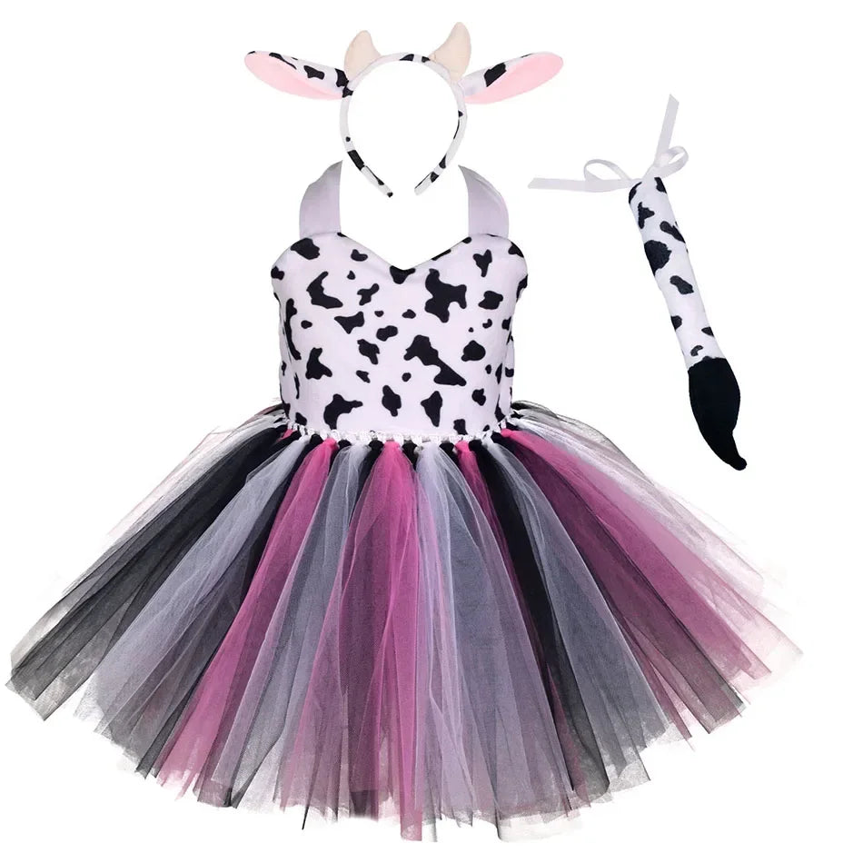 Girls’ Animal Print Tutu Costume Dress – Forest Theme Halloween Cosplay & Dance Performance Set for Kids