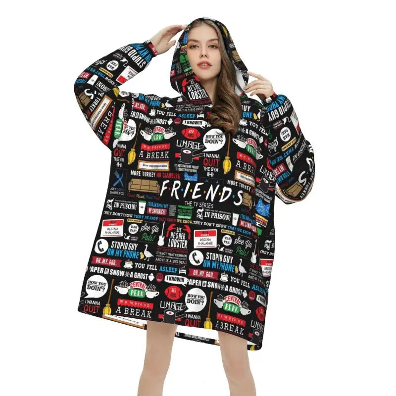 Classic TV Show Central Perk Friends Print Wearable Blanket Hoodie Oversized Sweatshirts Warm Cozy Flannel Fleece Sherpa Blan