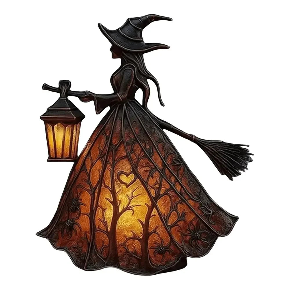 Halloween Witch Lantern LED Night Light – Gothic Resin Statue with Broom for Spooky Home Decor
