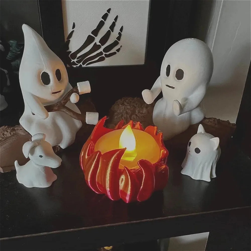 Halloween Ghost Campfire Scene Decor Set – Spooky Outdoor & Indoor Haunted House Props with Dog & Cat Ghost Figures