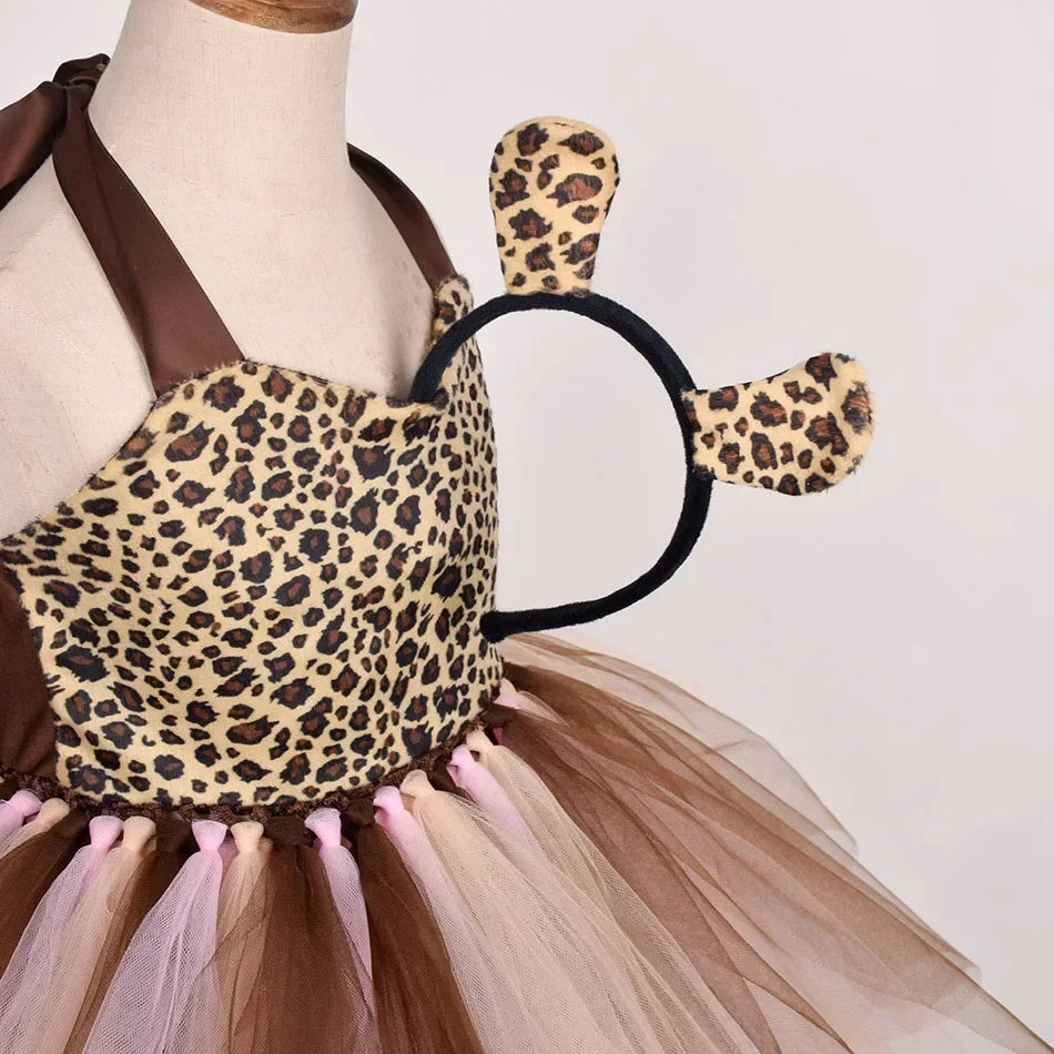 Girls’ Animal Print Tutu Costume Dress – Forest Theme Halloween Cosplay & Dance Performance Set for Kids