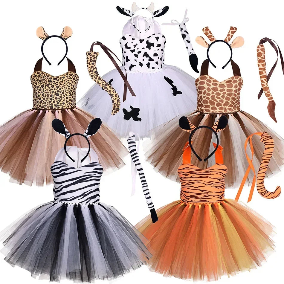 Girls’ Animal Print Tutu Costume Dress – Forest Theme Halloween Cosplay & Dance Performance Set for Kids