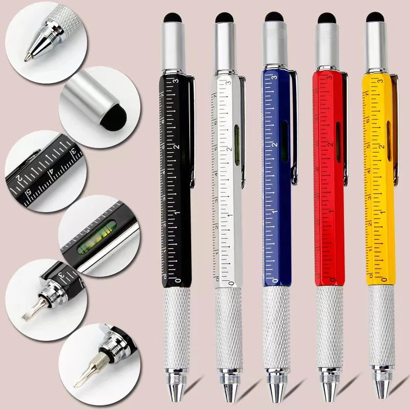 7 in 1 Multifunctional Pen Touch Screen Stylus Capacitive Pen with Screwdriver Ruler Levelgauge Refillable Ballpoint Pencil T