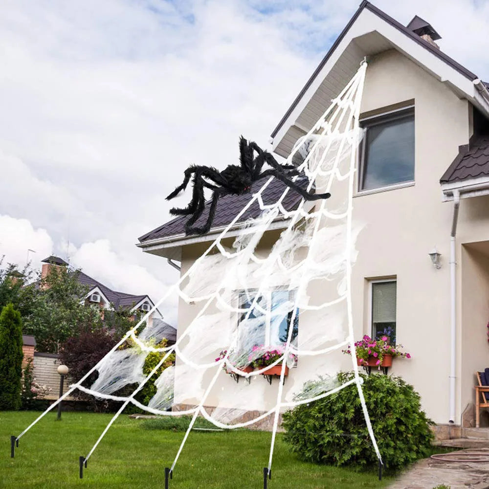 Halloween 5m Giant Plush Triangle Spider Web Decoration – Indoor & Outdoor Haunted Yard Prop (Black or White)