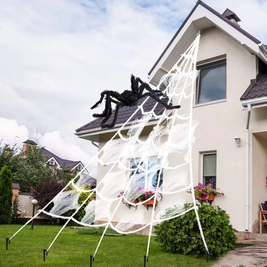 Halloween 5m Giant Plush Triangle Spider Web Decoration – Indoor & Outdoor Haunted Yard Prop (Black or White)
