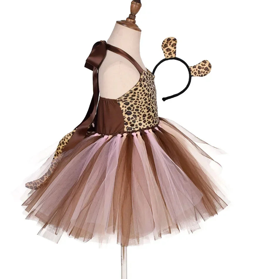 Girls’ Animal Print Tutu Costume Dress – Forest Theme Halloween Cosplay & Dance Performance Set for Kids