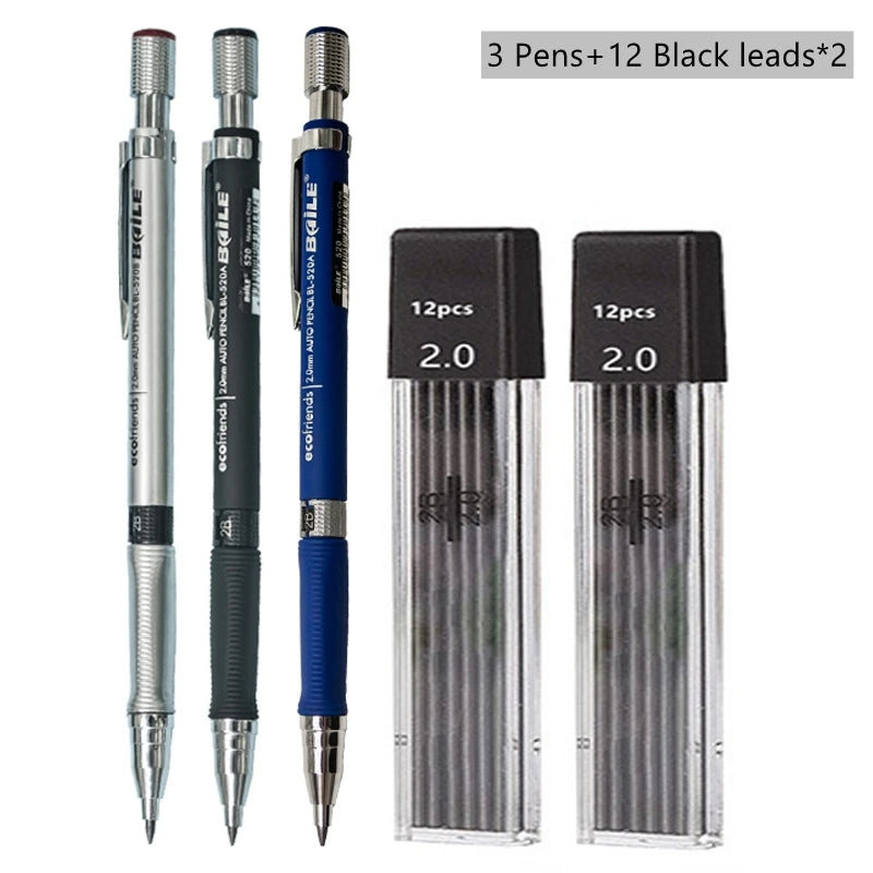 2.0mm Mechanical Pencil Set with 2B Lead Refills – Black & Colour Leads for Writing, Sketching, Drawing & Art (Pencil Sets & Refill Packs)