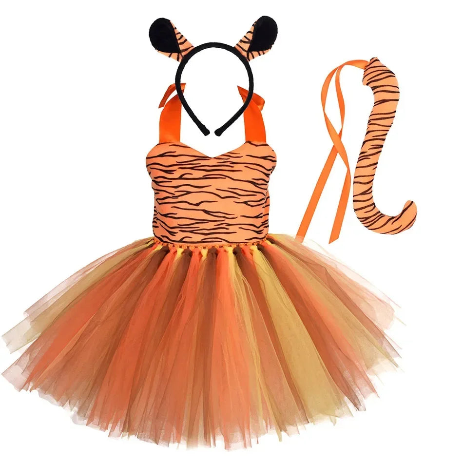 Girls’ Animal Print Tutu Costume Dress – Forest Theme Halloween Cosplay & Dance Performance Set for Kids