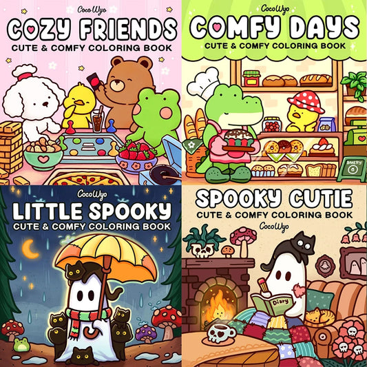 Cozy Friends Halloween Coloring Book – Adorable Creepy Creatures Coloring for Adults & Teens (Single or Bundle)