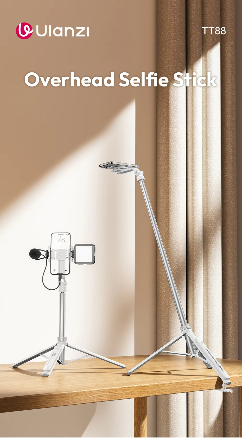 Ulanzi TT88 Overhead Selfie Stick & Phone Tripod with Wireless Remote – 1.44M