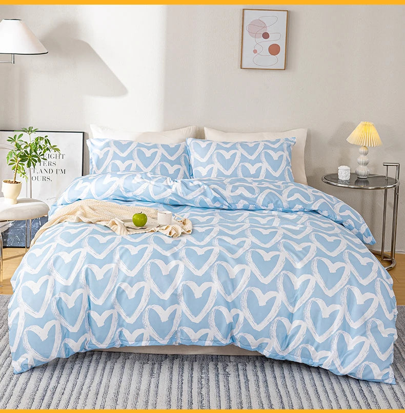 3pcs/set Heart Print Duvet Cover Set - Blue & Gray(1 Duvet Cover & 2 Pillowcase?Soft And Skin-Friendly Duvet Cover Bedding Set