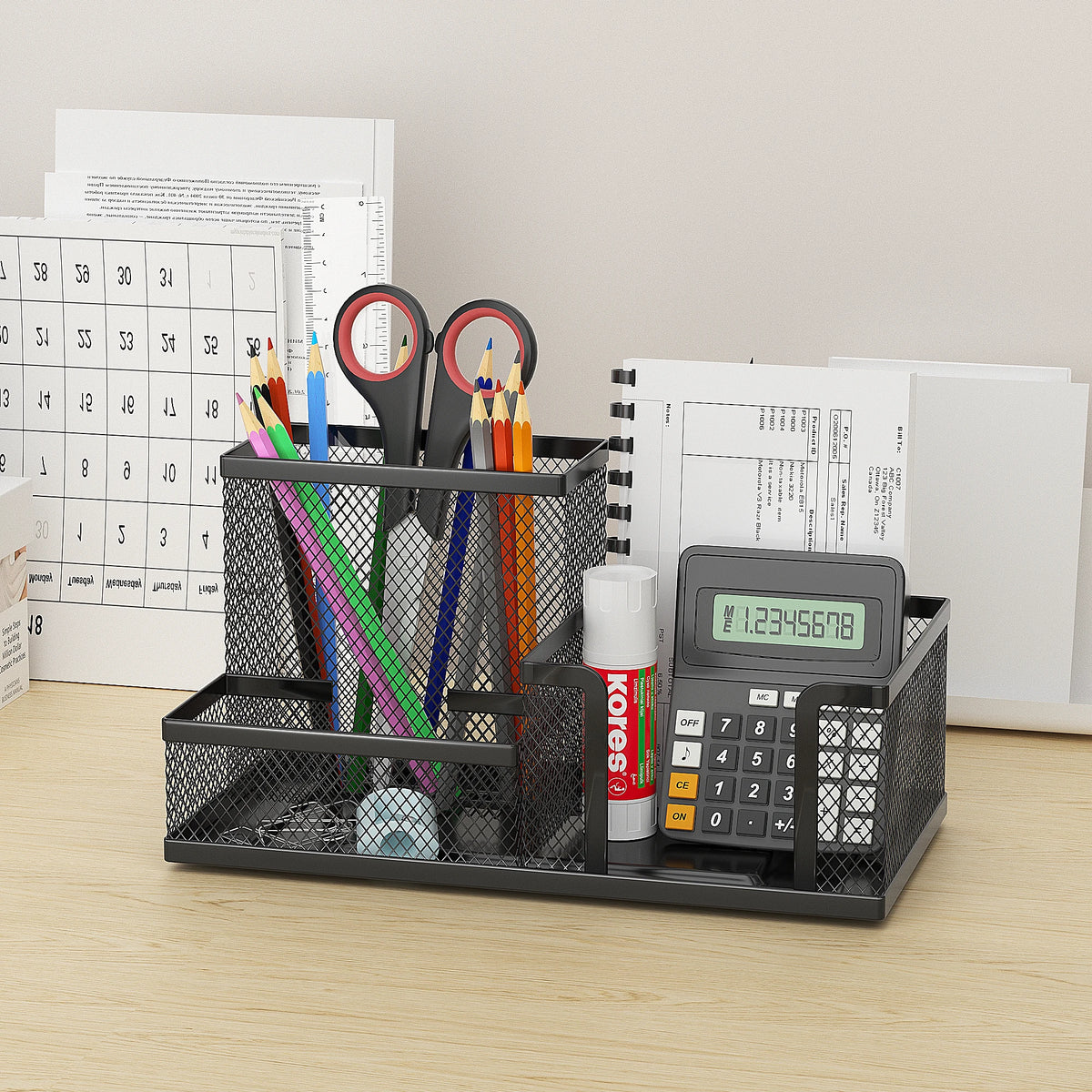 Black Mesh Desk Organiser – 3-Compartment Metal Caddy with Pencil Holder & Storage Baskets for Desktop Organisation (Single o