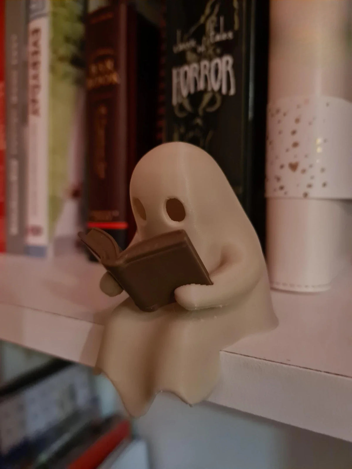 Ghost Reading a Book Shelf Sitter Figurine – Cute Halloween Ornament with Flickering LED Tealight