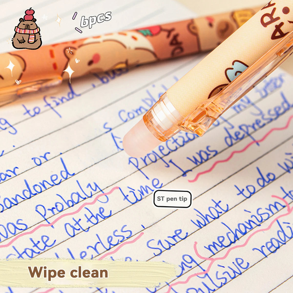 Capybara Erasable Refillable Gel Pens – Smudge-Free 0.5mm Cute Animal Stationery for Students & Office (5- or 6-Pack)