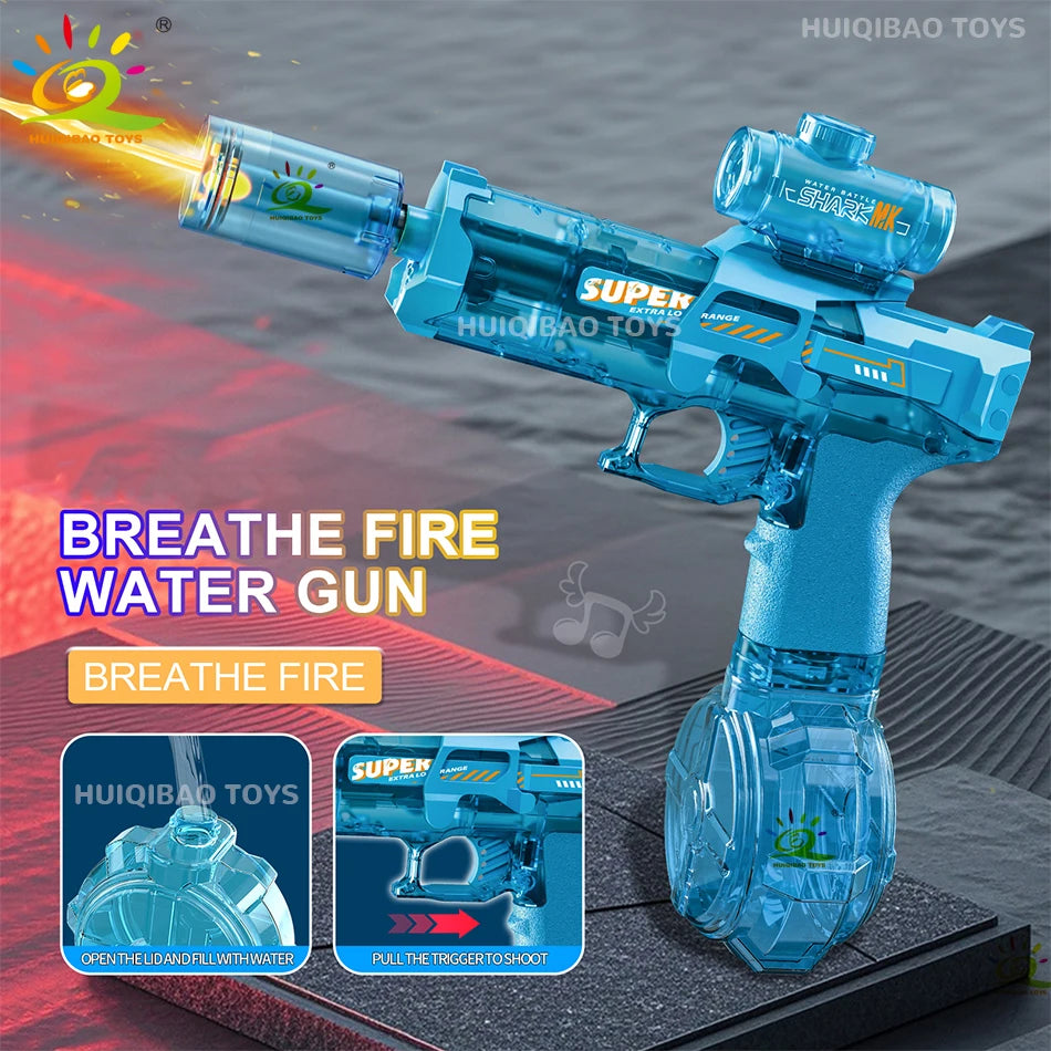 HUIQIBAO Electric Pulse Water Gun – Automatic Burst Fire, LED Flash, 8M Range, USB-C Rechargeable