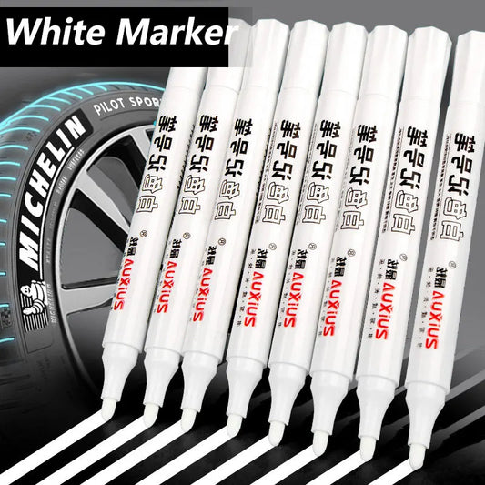 Set of white gel marker pens arranged side by side