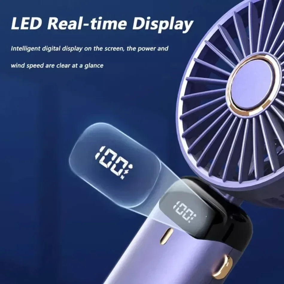 Folding Fan with Phone Stand, 5-Speed USB-C Rechargeable, LED Display Handheld & Desk Fan, Portable Fan for Outdoor Travel Gi