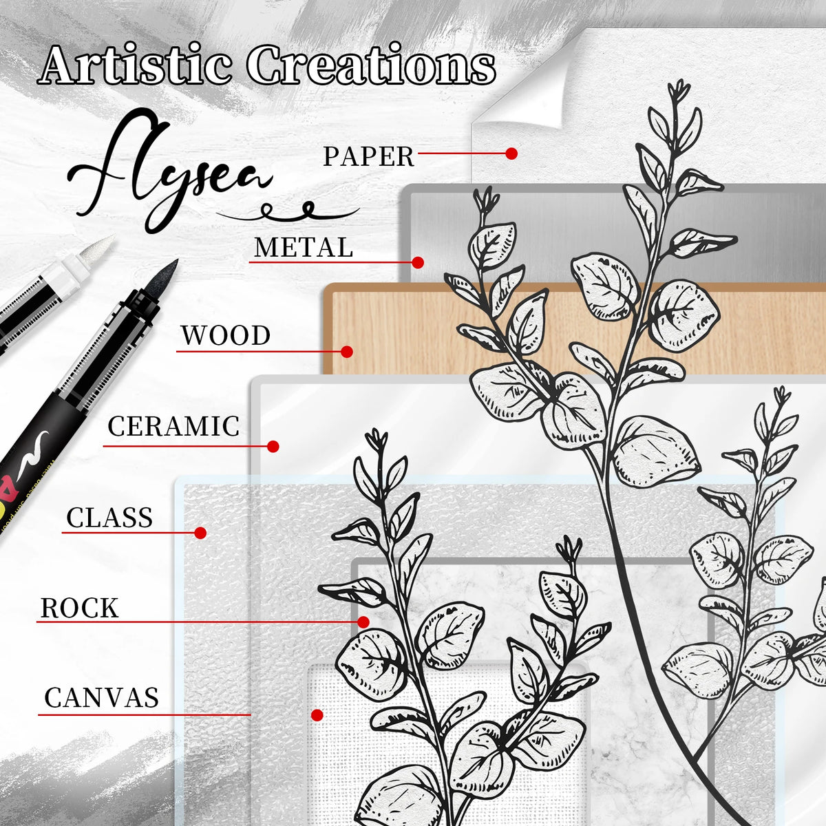 Flysea Black & White Acrylic Paint Markers – Large Ink Capacity 8-Pack for Illustration, Sketching, Wood, Glass & Fabric (All