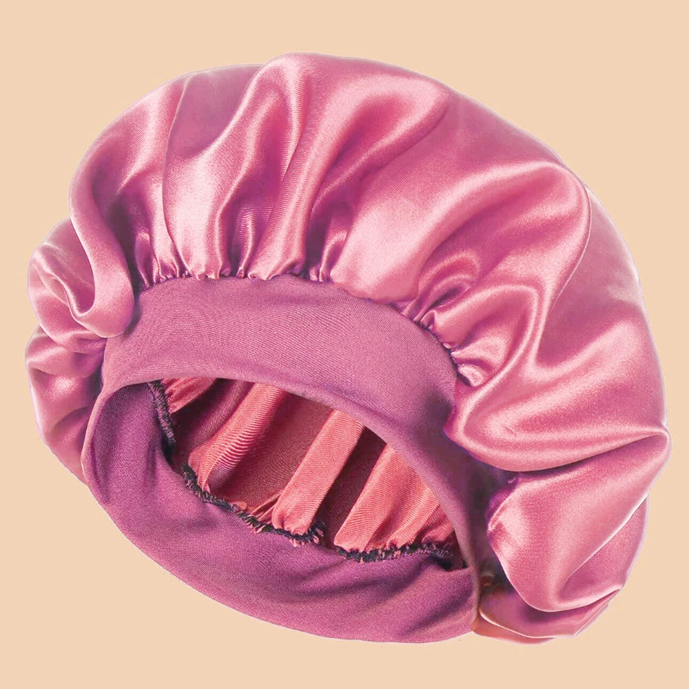 Satin Wide-Brim Shower & Sleep Cap for Women - Solid Color Silk Bonnet for Daily Hair Care