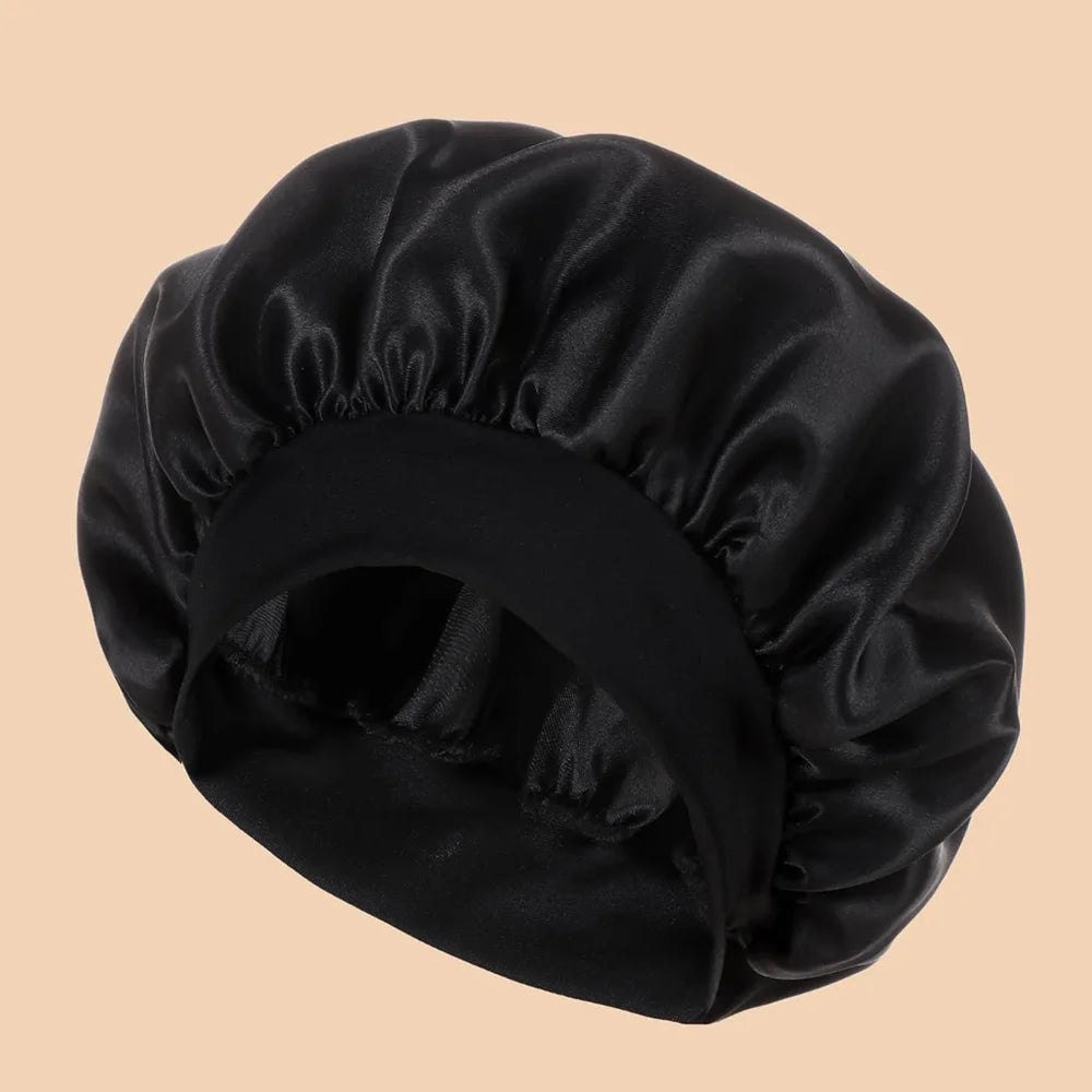Satin Wide-Brim Shower & Sleep Cap for Women - Solid Color Silk Bonnet for Daily Hair Care