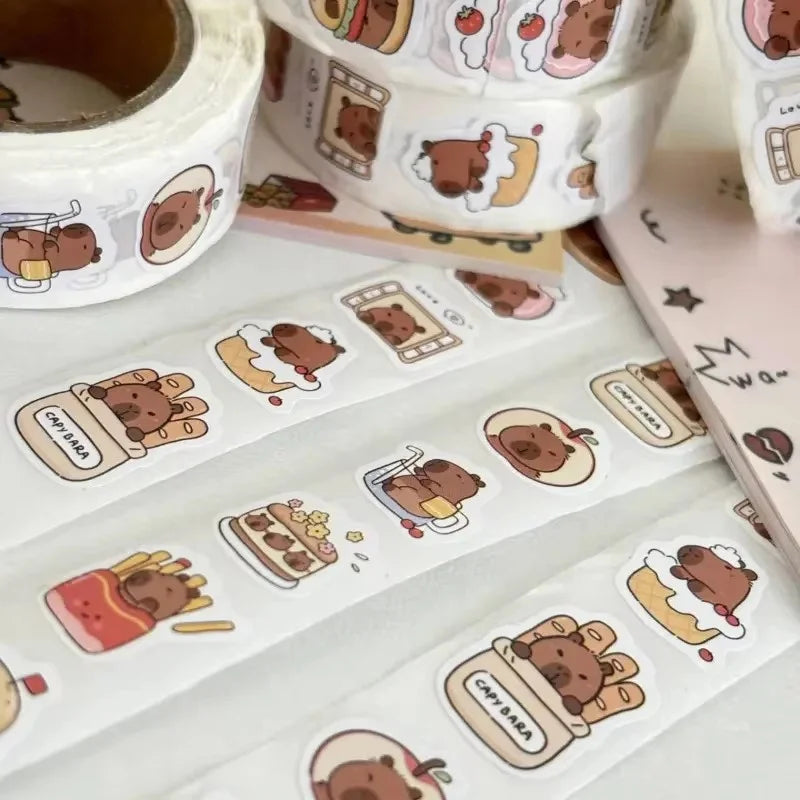 500pcs Capybara Sticker Roll – Waterproof PVC Self-Adhesive Decals in Cute Animal & Food Designs for Laptops, Phones, Scrapbo