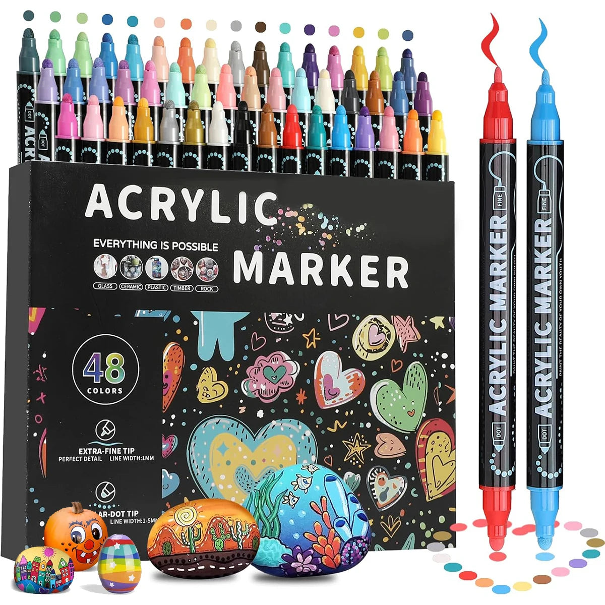 Dual Tip Acrylic Paint Pens – Multi-Surface Markers for Wood, Canvas, Stone, Rock, Glass & Ceramic DIY Crafts (12, 24, 36 or 