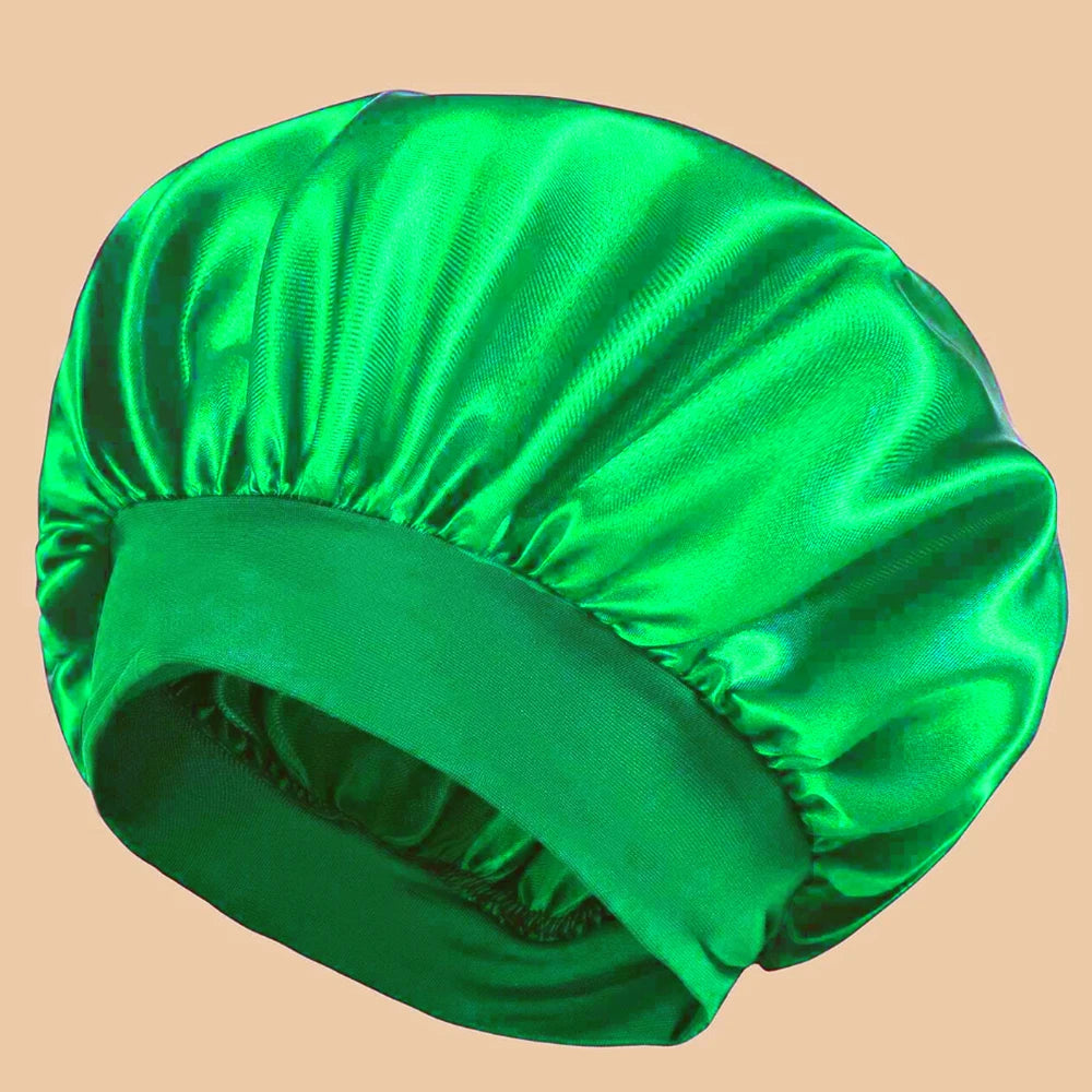 Satin Wide-Brim Shower & Sleep Cap for Women - Solid Color Silk Bonnet for Daily Hair Care