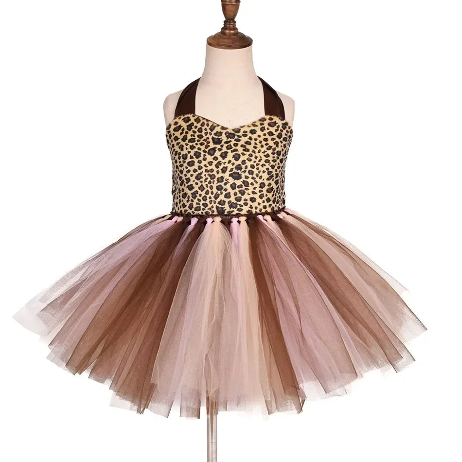 Girls’ Animal Print Tutu Costume Dress – Forest Theme Halloween Cosplay & Dance Performance Set for Kids