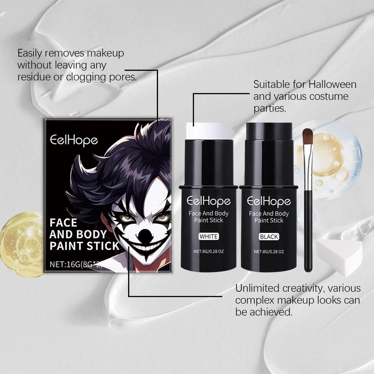 Halloween Black & White Face & Body Paint Kit – Waterproof Full-Coverage Clown & Joker Makeup Set