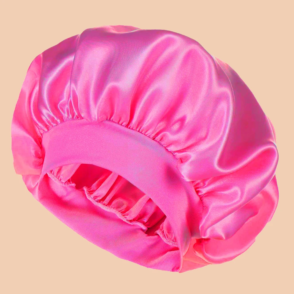 Satin Wide-Brim Shower & Sleep Cap for Women - Solid Color Silk Bonnet for Daily Hair Care