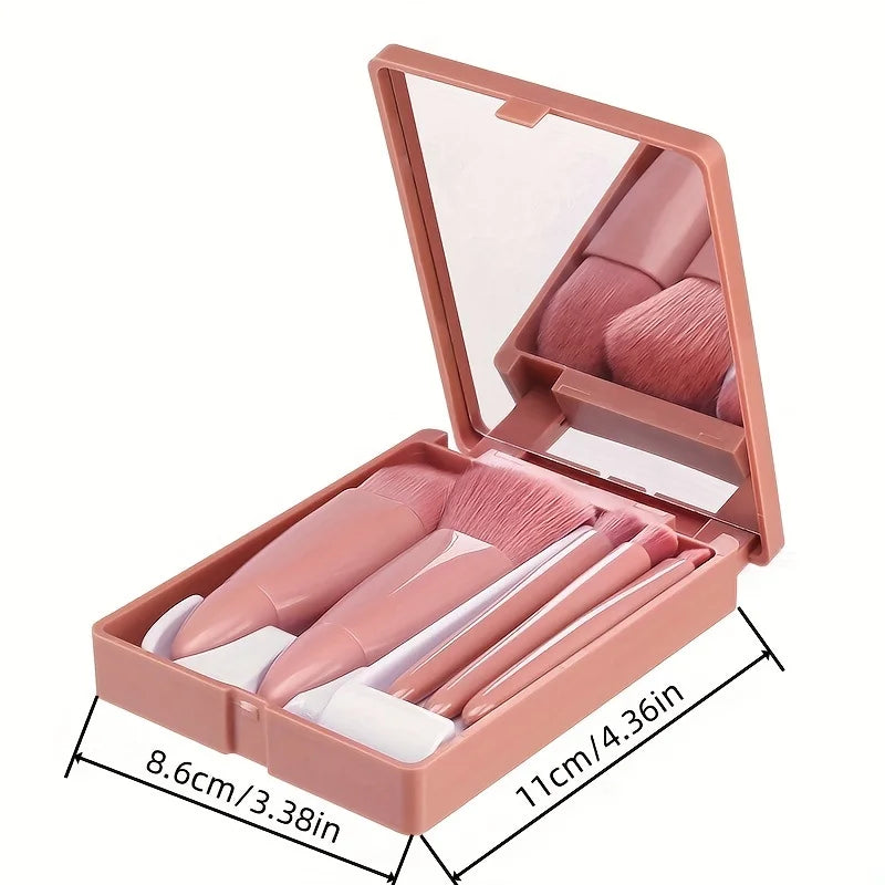 5-Piece Portable Travel Makeup Brush Set with Mirror – Compact Beauty Kit