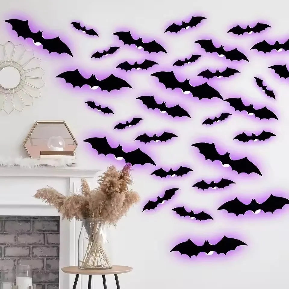 3D LED Bat Wall Decal Night Lights – 12 or 24pc Stereoscopic Bat Stickers for Halloween Party & Festival Decoration