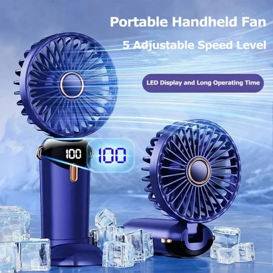 Folding Fan with Phone Stand, 5-Speed USB-C Rechargeable, LED Display Handheld & Desk Fan, Portable Fan for Outdoor Travel Gi