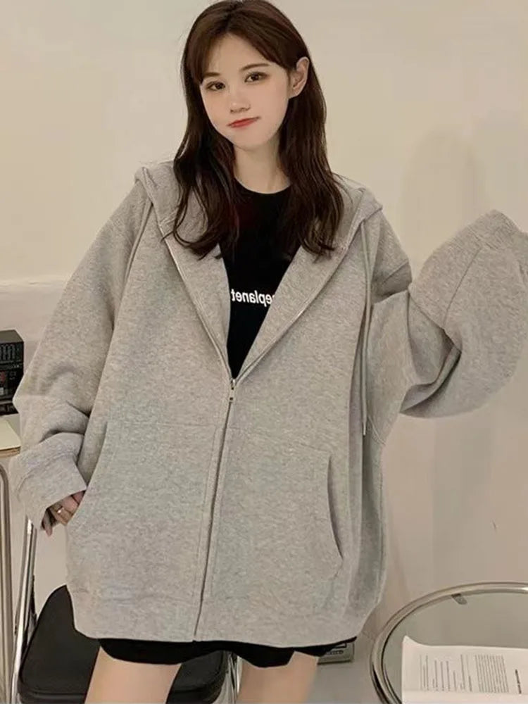 Korean Fashion Zipper Hood Sweatshirt Women Autumn Long Sleeve Tops Casual Y2K Hoodies Streetwear Harajuku Loose Jackets Coat