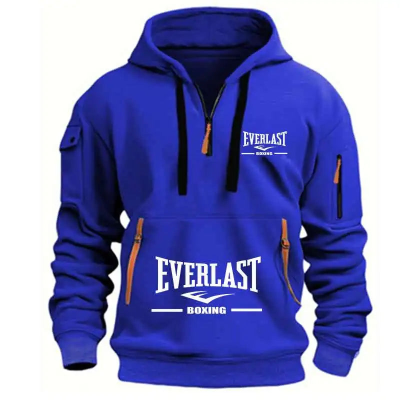 Men's Fashion Casual Hoodie Multi-pocket Sports Long-sleeve Sweatshirt Up Down Print Warm Half Zip Hooded Fitness Pullover Go