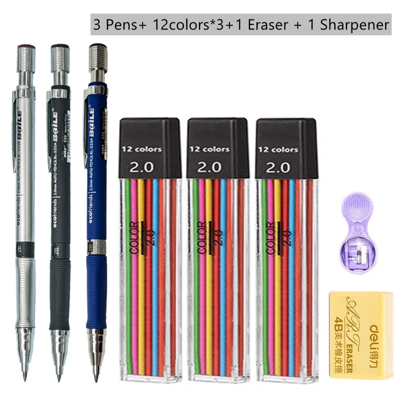 2.0mm Mechanical Pencil Set with 2B Lead Refills – Black & Colour Leads for Writing, Sketching, Drawing & Art (Pencil Sets & Refill Packs)