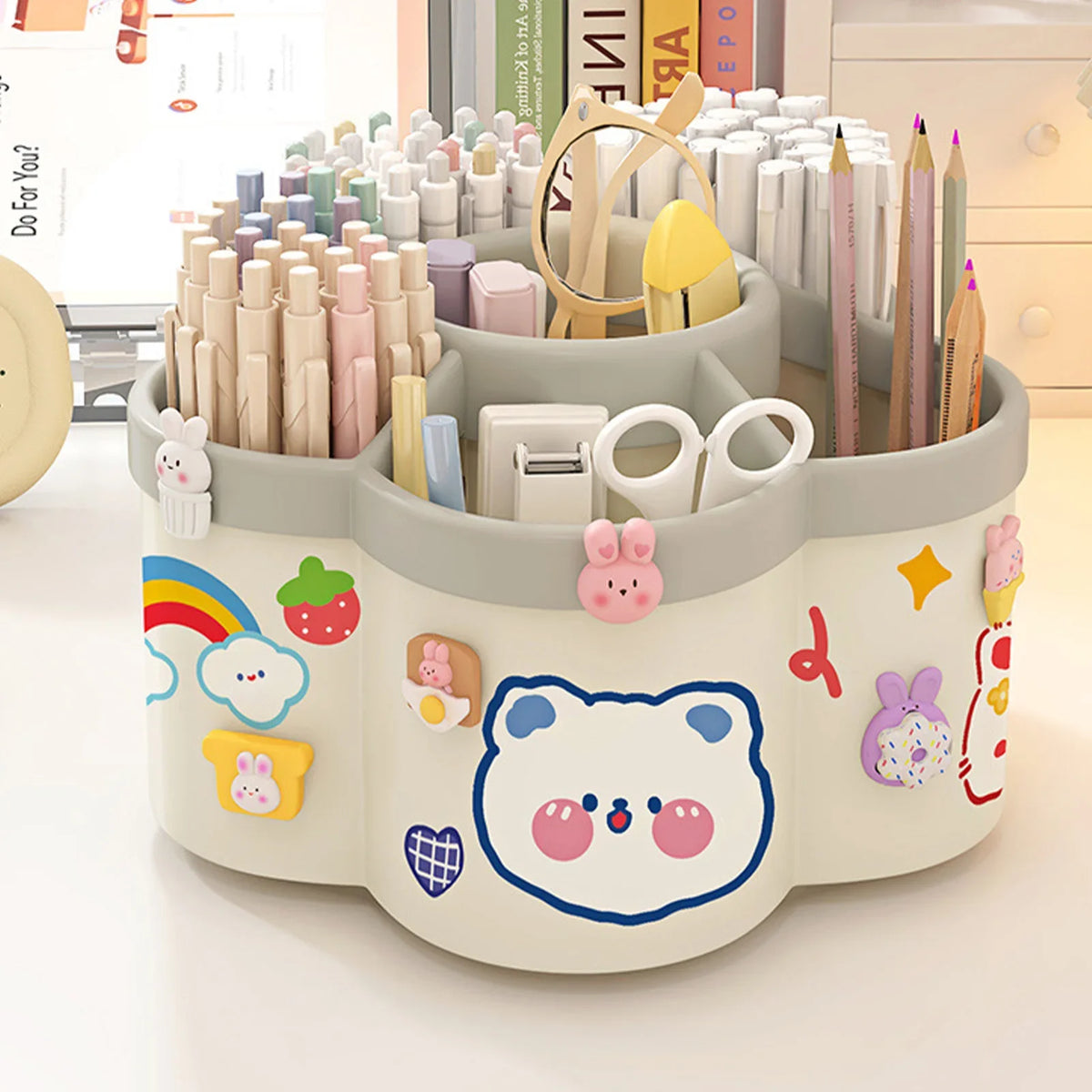 Rotating Desk Organiser – Large Pen & Makeup Brush Holder for Office, Dorm & Vanity in Cherry Pink or White (Japan Style)