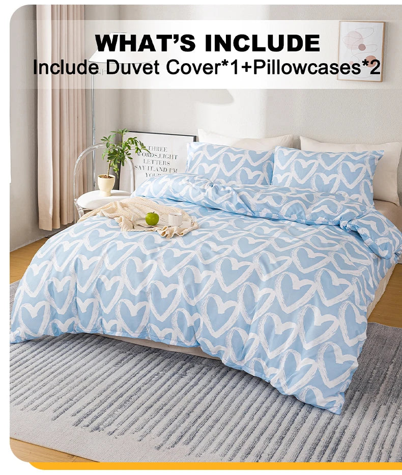 3pcs/set Heart Print Duvet Cover Set - Blue & Gray(1 Duvet Cover & 2 Pillowcase?Soft And Skin-Friendly Duvet Cover Bedding Se