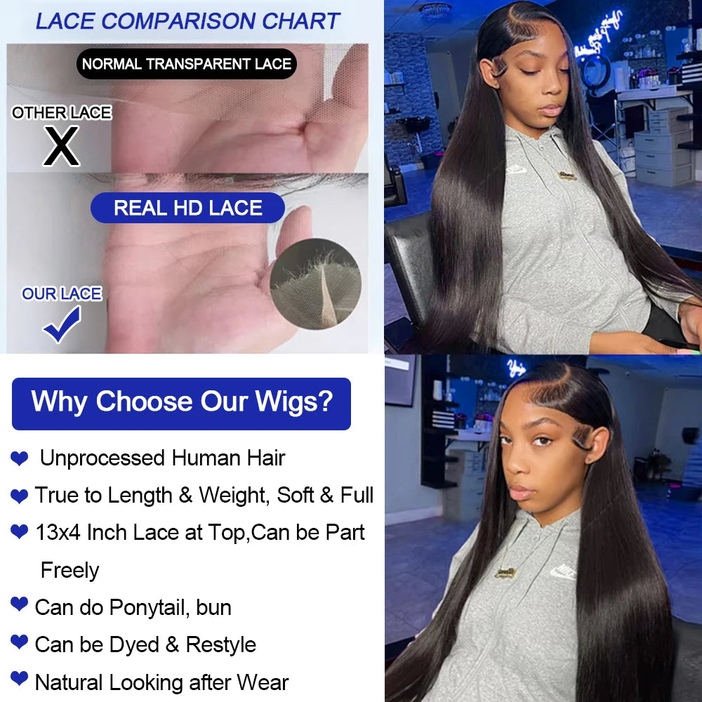 Bone Straight Human Hair Wig – 13x4 & 13x6 HD Lace Front, 200%-300% Density, 20–40 Inch