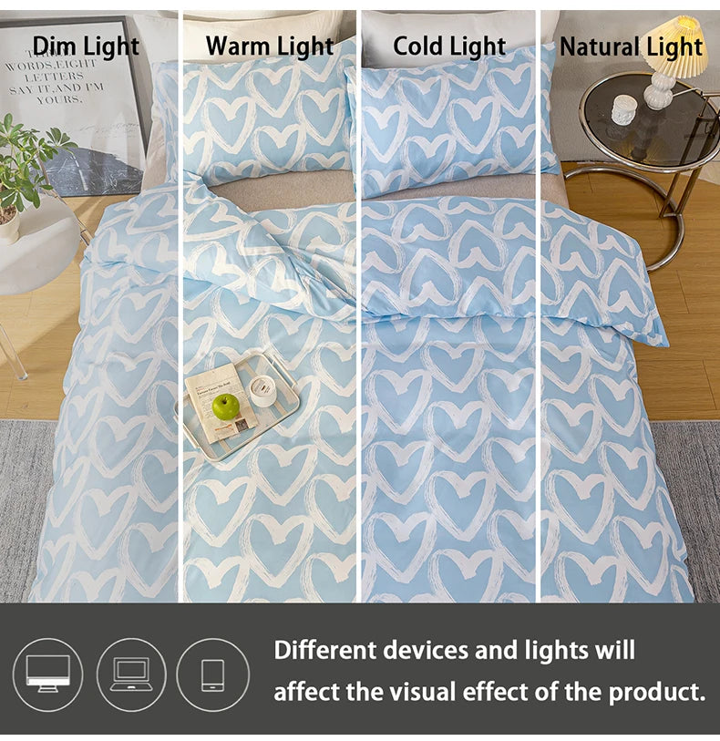 3pcs/set Heart Print Duvet Cover Set - Blue & Gray(1 Duvet Cover & 2 Pillowcase?Soft And Skin-Friendly Duvet Cover Bedding Set