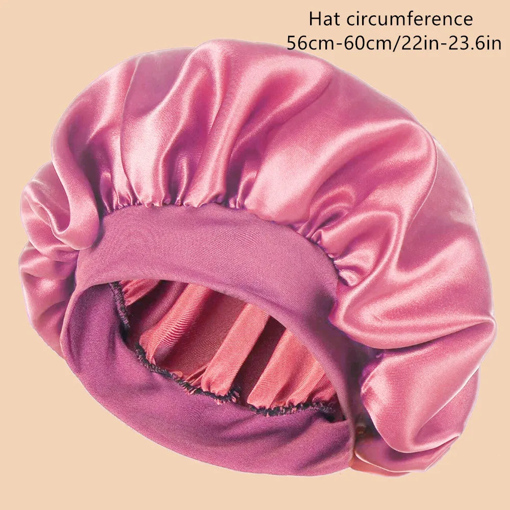 Satin Wide-Brim Shower & Sleep Cap for Women - Solid Color Silk Bonnet for Daily Hair Care