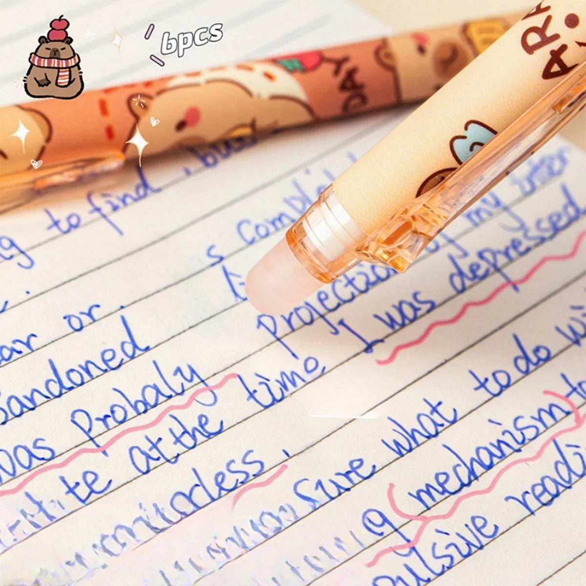 Capybara Erasable Refillable Gel Pens – Smudge-Free 0.5mm Cute Animal Stationery for Students & Office (5- or 6-Pack)