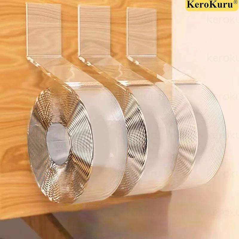 Transparent double-sided nano tape rolls on a white background