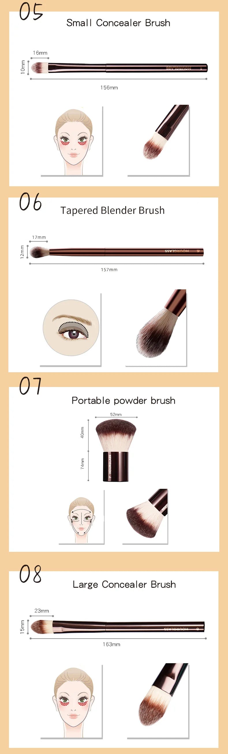 Hourglass Makeup Brush Set – Powder, Foundation, Concealer, Blush, Bronzer & Eyeshadow
